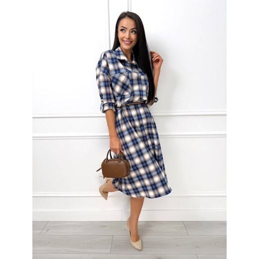 Niebieska Sukienka Midi w Kratę Modnakiecka.pl 42 ModnaKiecka.pl