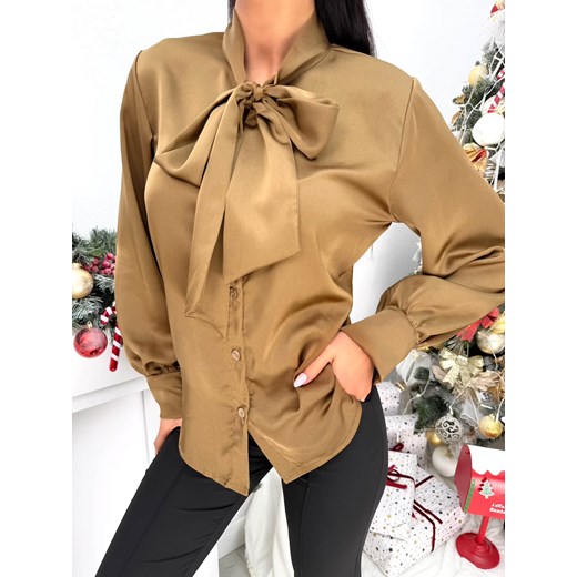 Brązowa Satynowa Koszula z Wiązaniem przy Dekolcie Modnakiecka.pl 44 ModnaKiecka.pl