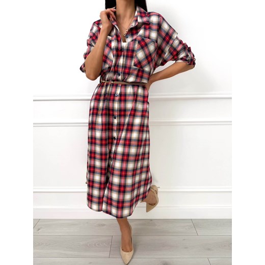 Czerwona Sukienka Midi w Kratę Modnakiecka.pl 40 ModnaKiecka.pl