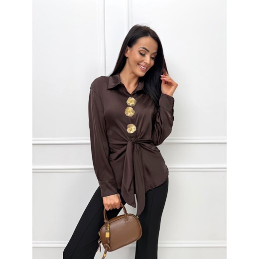 Brązowa Satynowa Koszula z Wiązaniem ze sklepu ModnaKiecka.pl w kategorii Koszule damskie - zdjęcie 187995092