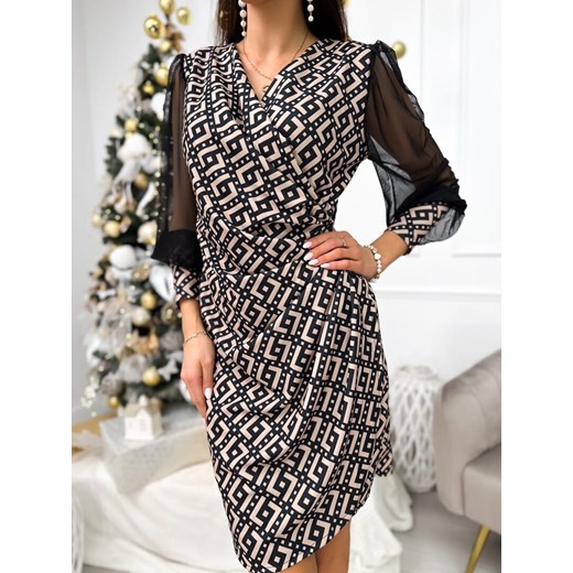 Czarno-Beżowa Sukienka  ze Wzorem Modnakiecka.pl 38 wyprzedaż ModnaKiecka.pl