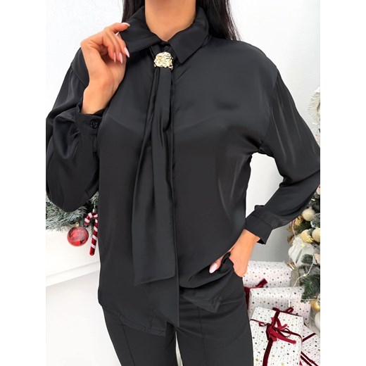Czarna Satynowa Koszula z Ozdobnym Krawatem Modnakiecka.pl 46 ModnaKiecka.pl