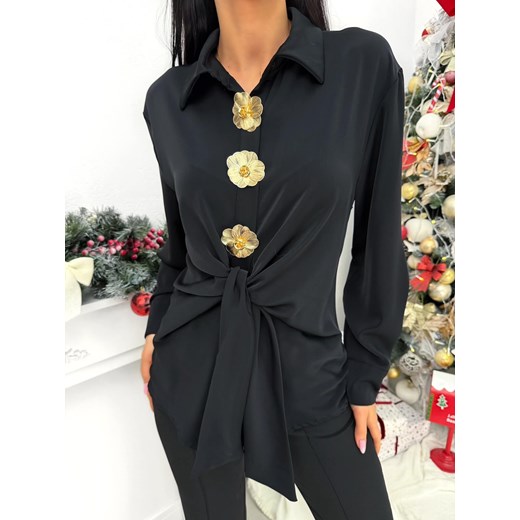 Czarna Satynowa Koszula z Wiązaniem ze sklepu ModnaKiecka.pl w kategorii Koszule damskie - zdjęcie 188008431