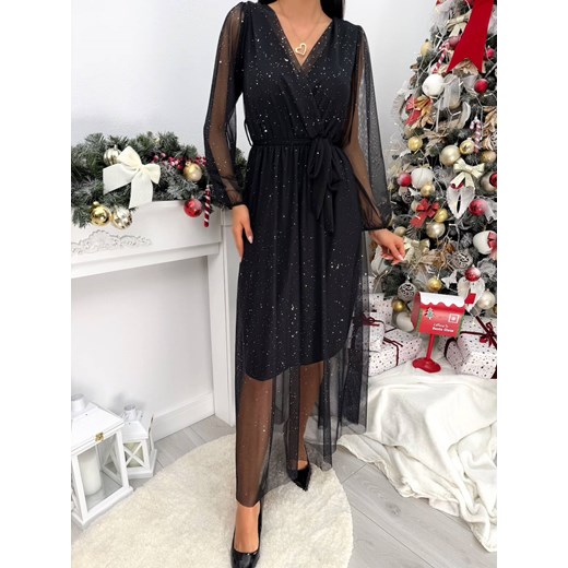 Czarna Połyskująca Sukienka Maxi z Siateczki Modnakiecka.pl 38 ModnaKiecka.pl