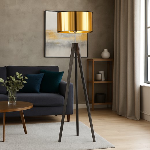 Drewniana lampa stojąca na trójnogu ze złotym abażurem HAITI MIRROR ze sklepu Lysne w kategorii Lampy podłogowe - zdjęcie 188016994