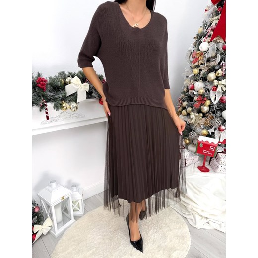 Czekoladowa Sukienka ze Sweterkiem ze sklepu ModnaKiecka.pl w kategorii Komplety i garnitury damskie - zdjęcie 188020642