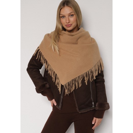 Brązowy Trójkątny Szalik z Wiskozy i Bawełny z Frędzlami Vetirala ze sklepu born2be.pl w kategorii Szaliki i chusty damskie - zdjęcie 188021661