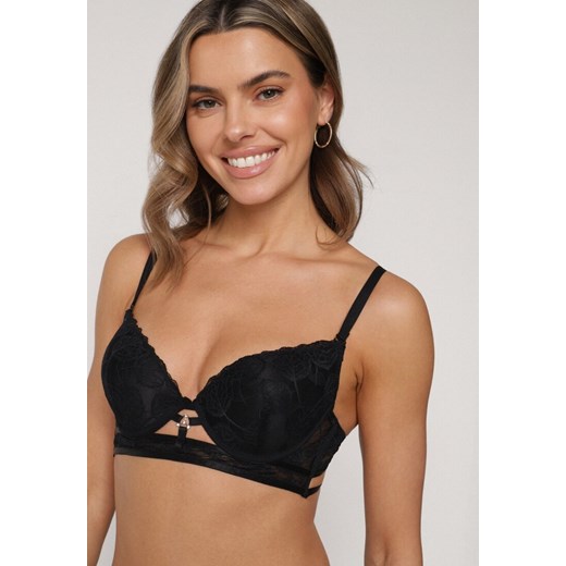 Czarny Klasyczny Biustonosz Zdobiony Koronką i Aplikacją Metheis ze sklepu born2be.pl w kategorii Biustonosze - zdjęcie 188022594