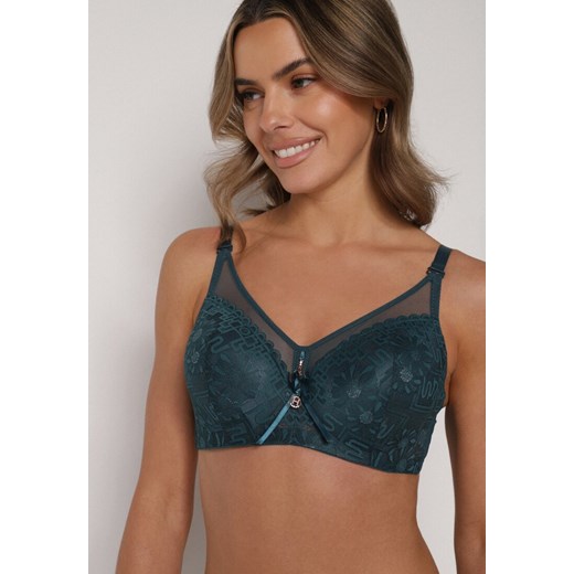 Ciemnozielony Biustonosz z Koronką i Transparentną Wstawką Heliphine ze sklepu born2be.pl w kategorii Biustonosze - zdjęcie 188023091