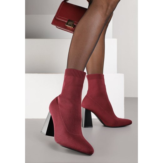 Bordowe Botki Vices na Geometrycznym Obcasie ze Skarpetową Cholewką Falacea ze sklepu born2be.pl w kategorii Botki - zdjęcie 188023481