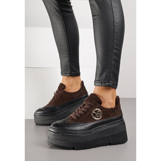 Brązowe Sneakersy Vices na Platformie Zdobione Okrągłą Aplikacją Wodvire ze sklepu born2be.pl w kategorii Buty sportowe damskie - zdjęcie 188023572