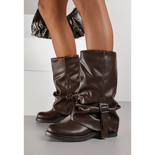 Brązowe Botki z Wywiniętą Marszczoną Cholewką Typu Biker z Paskiem Olinessa ze sklepu born2be.pl w kategorii Botki - zdjęcie 188023621