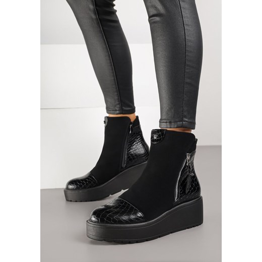 Czarne Botki Vices na Platformie z Tłoczeniem Krokodyla Falarena ze sklepu born2be.pl w kategorii Botki - zdjęcie 188023691