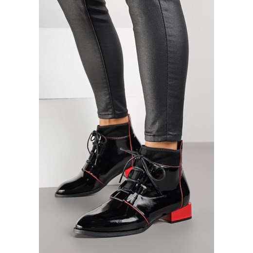 Czarno-Czerwone Sznurowane Botki Vices z Lakierowanym Połyskiem Nuzzasa ze sklepu born2be.pl w kategorii Botki - zdjęcie 188023712