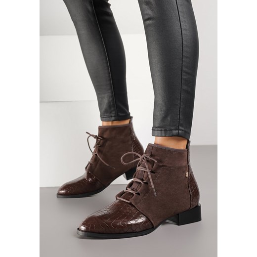 Brązowe Sznurowane Botki Vices do Kostki z Wężowym Tłoczeniem Wodvira ze sklepu born2be.pl w kategorii Botki - zdjęcie 188023733