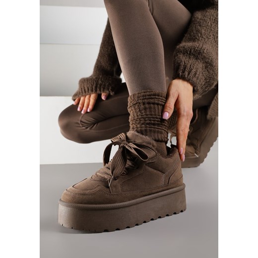 Brązowe Sneakersy Vices w Stylu Śniegowców na Platformie z Ozdobnym Futerkiem Nalirea ze sklepu born2be.pl w kategorii Buty sportowe damskie - zdjęcie 188024061