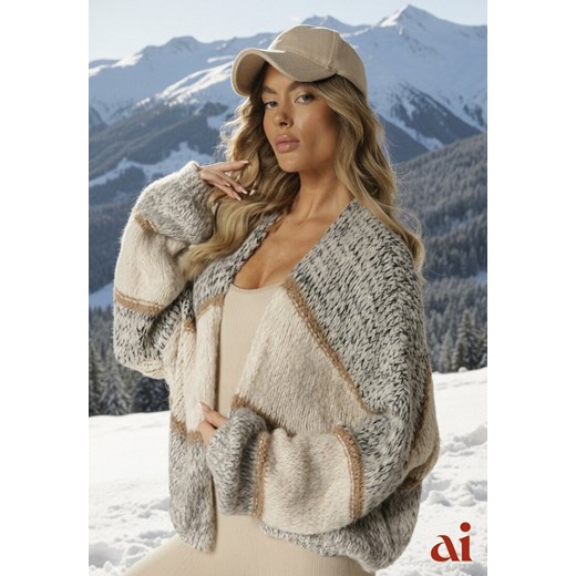 Beżowy Kardigan Niezapinany z Wełną Ozdobiony Paskami Irinaa ze sklepu renee.pl w kategorii Swetry damskie - zdjęcie 188024083