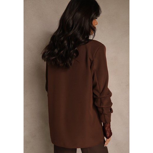 Jasnobrązowa Pudełkowa Marynarka Bez Zapięć z Wiskozą z Marszczonymi Rękawami Renee L renee.pl