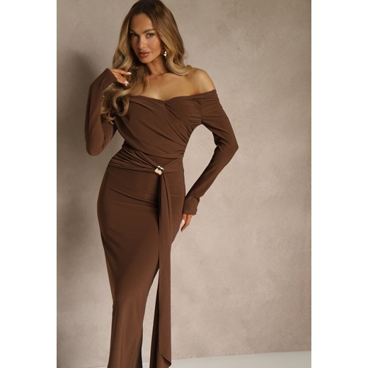 Brązowa Marszczona Sukienka o Dopasowanym Kroju z Trenem i Rozcięciem Aluilea ze sklepu renee.pl w kategorii Sukienki - zdjęcie 188024213