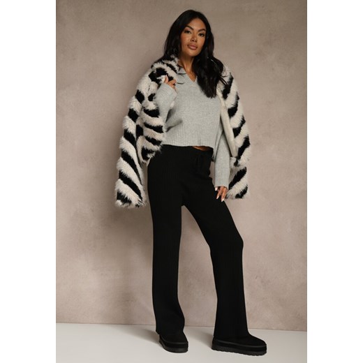 Czarne Szerokie Spodnie z Wełną 	High Waist z Prążkowanego Materiału Reinna ze sklepu renee.pl w kategorii Spodnie damskie - zdjęcie 188024233