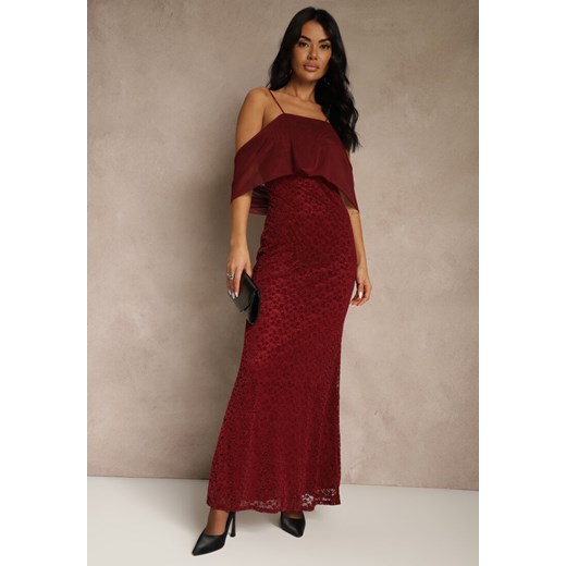 Bordowa Sukienka o Asymetrycznym Kroju Ozdobiona Falbaną Owedia ze sklepu renee.pl w kategorii Sukienki - zdjęcie 188024344