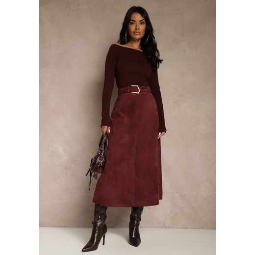 Bordowa Spódnica z Wiskozy z Bawełną z Imitacji Zamszu z Paskiem Oliweda ze sklepu renee.pl w kategorii Spódnice - zdjęcie 188024353