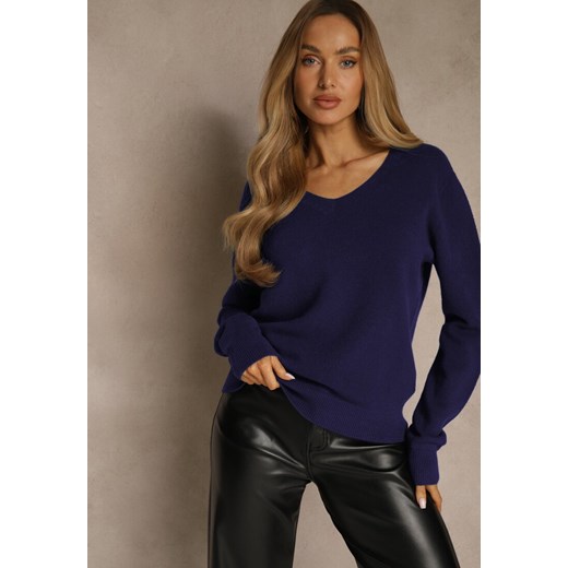 Granatowy Sweter z Wełną i Wiskozą z Trójkątnym Dekoltem Kaitte ze sklepu renee.pl w kategorii Swetry damskie - zdjęcie 188024612
