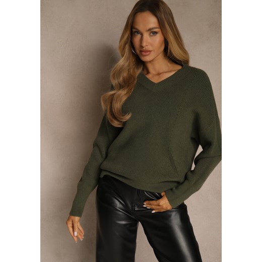 Ciemnozielony Sweter z Dodatkiem Kaszmiru i Trójkątnym Dekoltem Silefera ze sklepu renee.pl w kategorii Swetry damskie - zdjęcie 188024644