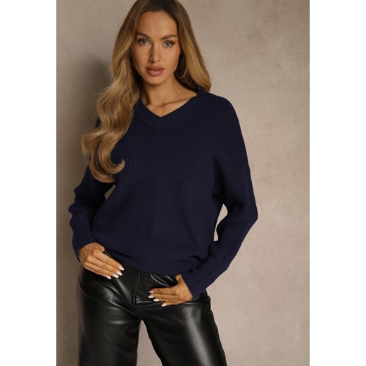 Granatowy Sweter z Dodatkiem Kaszmiru i Trójkątnym Dekoltem Silefera ze sklepu renee.pl w kategorii Swetry damskie - zdjęcie 188024664