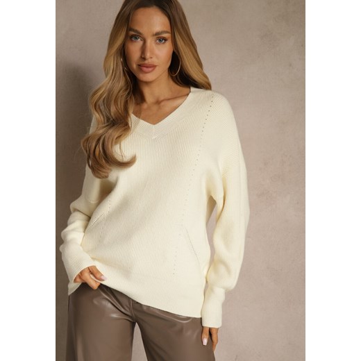 Jasnobeżowy Sweter z Dodatkiem Kaszmiru i Trójkątnym Dekoltem Silefera ze sklepu renee.pl w kategorii Swetry damskie - zdjęcie 188024674