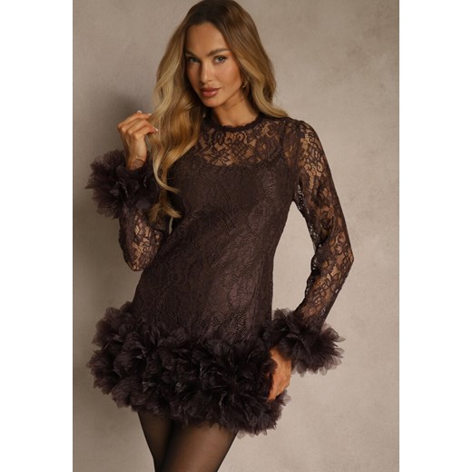 Brązowa Dopasowana Koronkowa Sukienka Koktajlowa z Tiulowymi Aplikacjami Kretalia ze sklepu renee.pl w kategorii Sukienki - zdjęcie 188024682