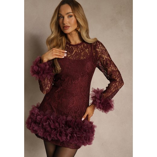 Bordowa Dopasowana Koronkowa Sukienka Koktajlowa z Tiulowymi Aplikacjami Kretalia ze sklepu renee.pl w kategorii Sukienki - zdjęcie 188024904