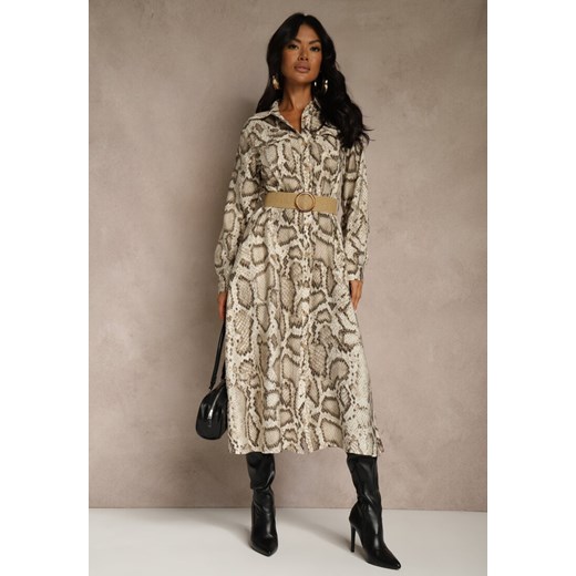 Beżowa Koszulowa Sukienka Snake Print z Wiskozą i Paskiem Bririn ze sklepu renee.pl w kategorii Sukienki - zdjęcie 188025501