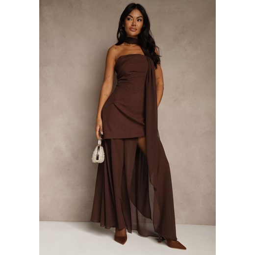 Brązowa Wieczorowa Sukienka Bandeau z Dodatkowym Szalem Meridvia ze sklepu renee.pl w kategorii Sukienki - zdjęcie 188025973