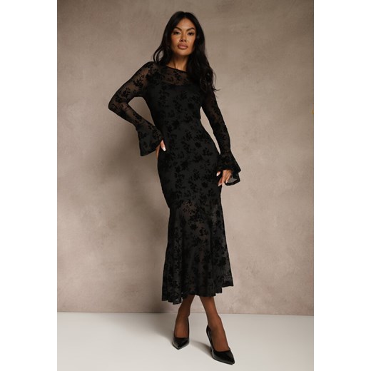 Czarna Koktajlowa Sukienka VICES z Siateczki z Welurowym Wzorem Fyreleva ze sklepu renee.pl w kategorii Sukienki - zdjęcie 188025991