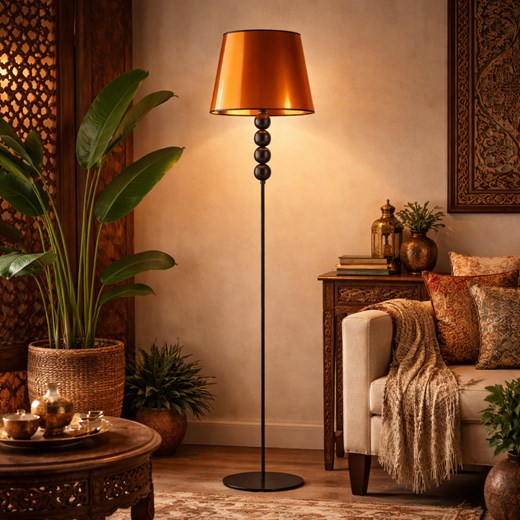 Czarna lampa stojąca z abażurem w stylu orientalnym SEUL MIRROR ze sklepu Lysne w kategorii Lampy podłogowe - zdjęcie 188032702