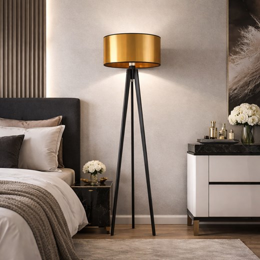 Lampa stojąca na trójnogu drewniana do sypialni MIAMI MIRROR ze złotym abażurem ze sklepu Lysne w kategorii Lampy podłogowe - zdjęcie 188032753