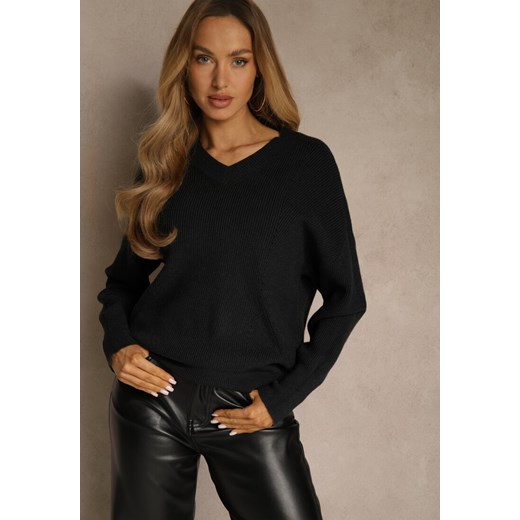 Czarny Sweter z Dodatkiem Kaszmiru i Trójkątnym Dekoltem Silefera ze sklepu renee.pl w kategorii Swetry damskie - zdjęcie 188038242