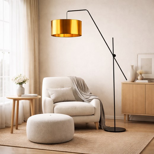 Czarna lampa podłogowa na długim wysięgniku BILBAO MIRROR z miedzianym abażurem o średnicy 40 cm ze sklepu Lysne w kategorii Lampy podłogowe - zdjęcie 188042962