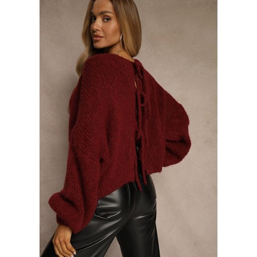 Bordowy Kardigan z Wełną o Kroju Oversize z Wiązanymi Kokardami Elearina ze sklepu renee.pl w kategorii Swetry damskie - zdjęcie 188052983