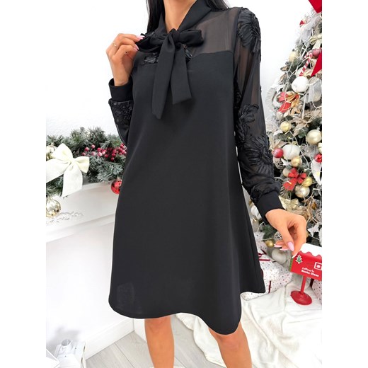 Czarna Sukienka z Wiązaniem i Ozdobną Siateczką ze sklepu ModnaKiecka.pl w kategorii Sukienki - zdjęcie 188064162