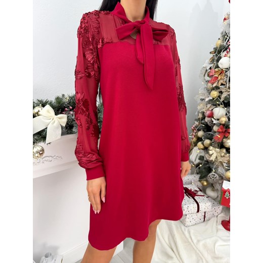 Czerwona Sukienka z Wiązaniem i Ozdobną Siateczką ze sklepu ModnaKiecka.pl w kategorii Sukienki - zdjęcie 188067431