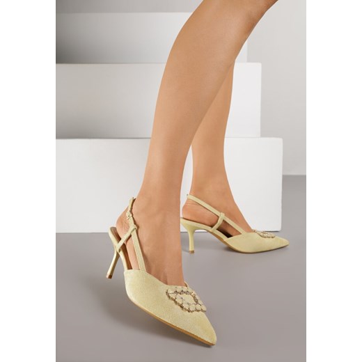 Żółte Sandały na Szpilce Ozdobione Aplikacją z Cyrkoniami Orinriane ze sklepu renee.pl w kategorii Czółenka - zdjęcie 188083782