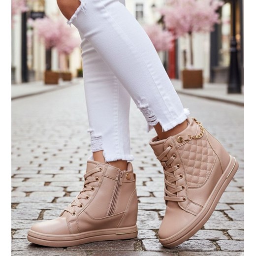 Beżowe sneakersy damskie na koturnie /F8-3 12771 T796/ ze sklepu Pantofelek24.pl w kategorii Botki - zdjęcie 188102150