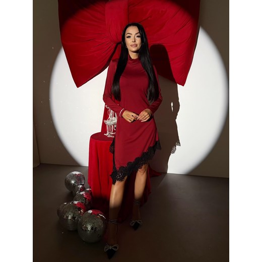 Czerwona Asymetryczna Sukienka z Koronką Modnakiecka.pl 46 ModnaKiecka.pl