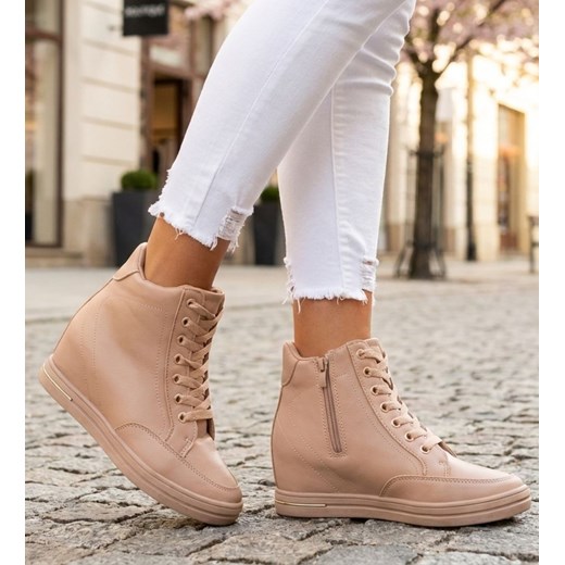 Beżowe sneakersy damskie na koturnie /B6-2 12824 T796/ ze sklepu Pantofelek24.pl w kategorii Botki - zdjęcie 188102711