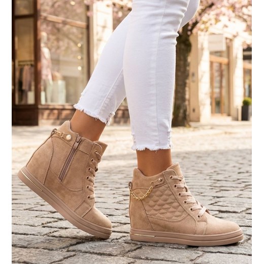 Beżowe sneakersy damskie na koturnie /E6-2 12769 T796/ ze sklepu Pantofelek24.pl w kategorii Botki - zdjęcie 188102732