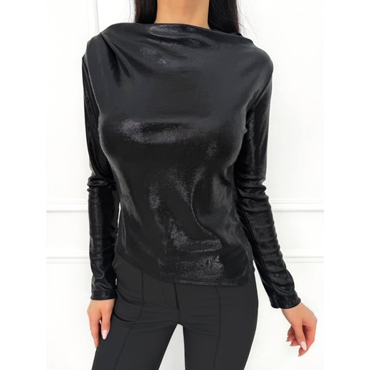 Czarna Błyszcząca Bluzka z Dekoltem w Łódkę ze sklepu ModnaKiecka.pl w kategorii Bluzki damskie - zdjęcie 188144714