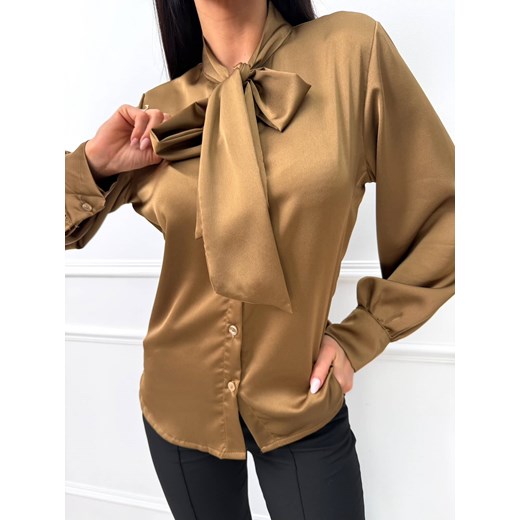 Brązowa Satynowa Koszula z Wiązaniem przy Dekolcie Modnakiecka.pl 46 ModnaKiecka.pl