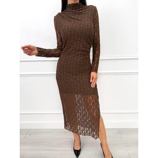 Czekoladowa Koronkowa Sukienka ze Stójką Modnakiecka.pl 2XL/3XL promocyjna cena ModnaKiecka.pl